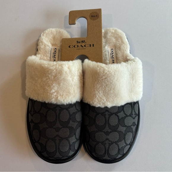 COACH Women’s Faux Shearling Slipper Smoke Coal Black Color Coach Print Sz 8 NWT - Picture 1 of 13